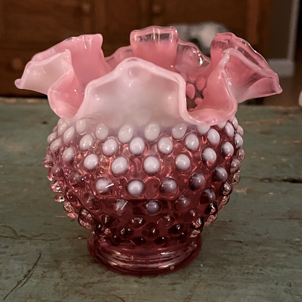 Fenton cranberry and white hobnail dish
